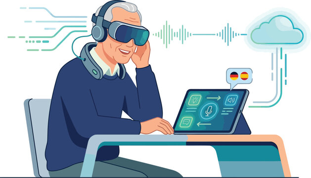 Elderly man uses virtual reality technology to learn a new language with comfort.