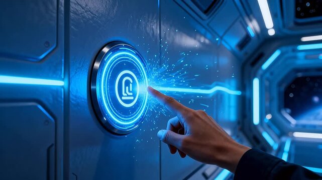 Hand touching blue glowing circular interface in futuristic metal room