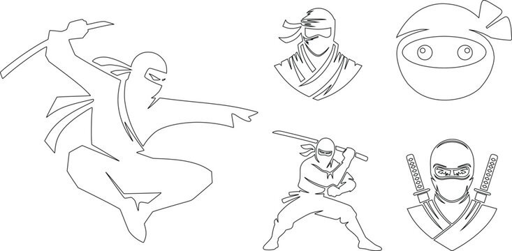 Black ninja icon set representing stealth warrior, martial arts fighter, masked assassin character, covert operative symbol, combat expert, traditional Japanese warrior and vector design