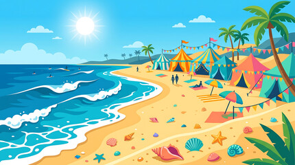 Naklejka premium Colorful vibrant tents and beach umbrellas set on a sandy tropical shoreline on white background