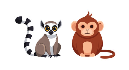 Fototapeta premium Cute cartoon lemur and monkey characters sitting side by side with friendly expressions on a clean white background.