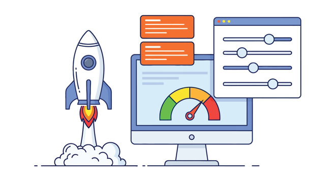 Startup project launch with rocket ship flying upwards on computer monitor with performance gauge speed meter and data settings control panel interface theme.