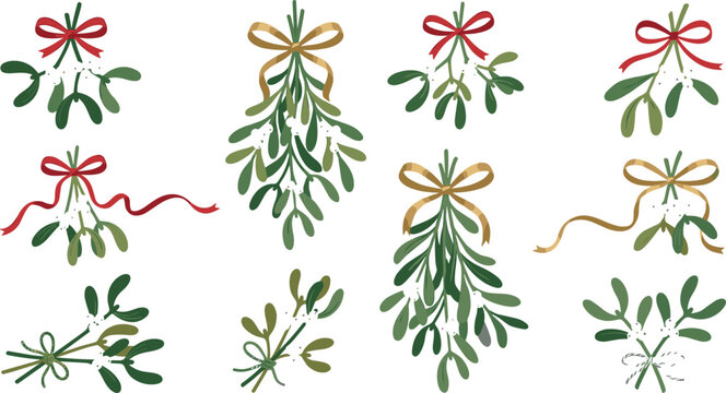 Collection of Christmas Mistletoe Sprigs with Ribbons Icon Set