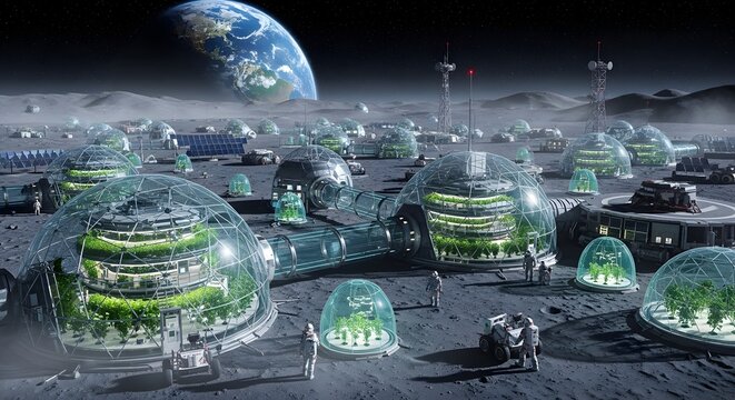 Futuristic Lunar Colony with Greenhouses on the Moon Surface