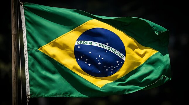Brazilian flag waving in the wind against a dark background