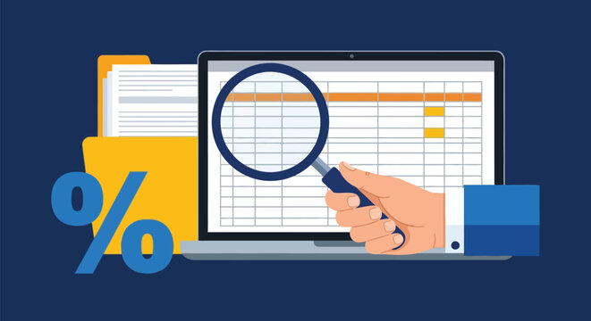 Hand using magnifying glass to analyze spreadsheet data on laptop screen near yellow folder with documents and percentage symbol representing financial analysis.