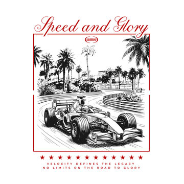 Vintage Formula Racing Cars Speeding on Coastal Track Retro Hand-Drawn Illustration
