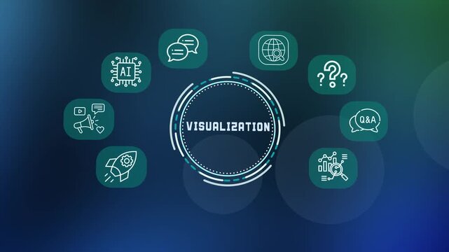Business visualisation concept with graphic presentation icons for data analysis, strategy and team goals.