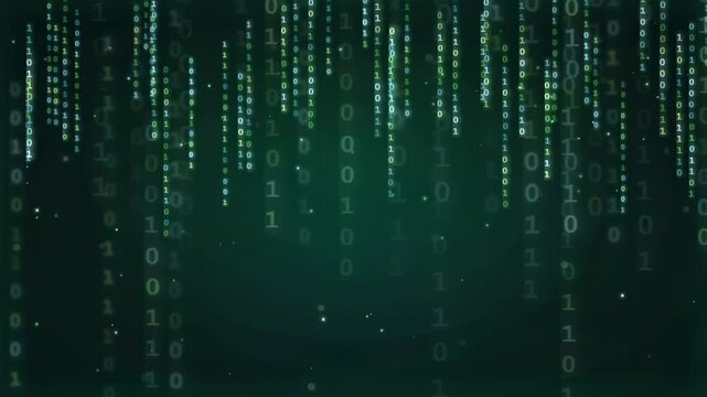 Digital binary code rain falling on a dark green background for technology and data concepts