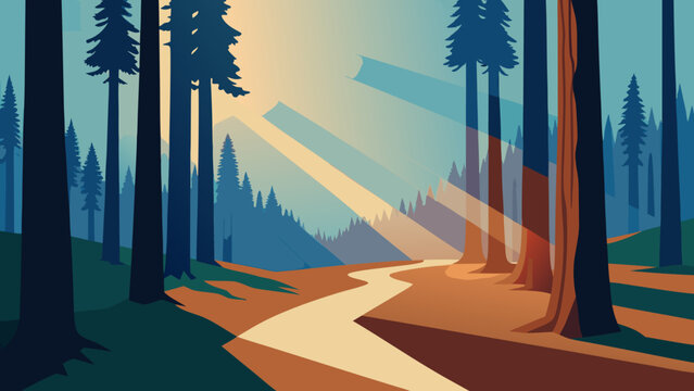 Sequoia Forest Sun Rays Vector Landscape 