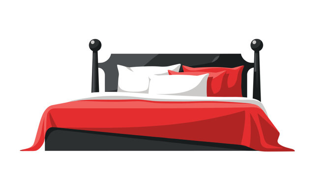 Modern bedroom setting featuring a large black wooden bed frame with plush white and red pillows and a matching red blanket spread neatly.