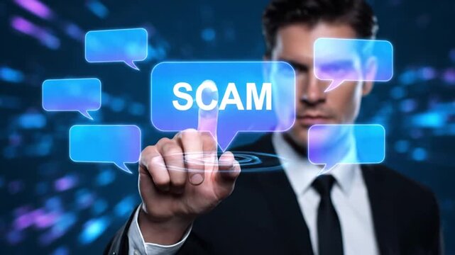 businessman touching a futuristic virtual digital screen displaying a scam warning bubble icon with surrounding chat elements