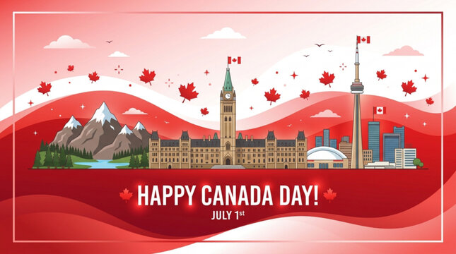 Happy Canada Day illustration featuring Parliament Hill CN Tower and mountains with maple leaves and flags celebrating national holiday on July 1st