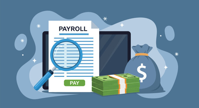 Payroll processing concept with magnifying glass over document showing pay list with money bag and stacks of cash on dark background professional vector art.