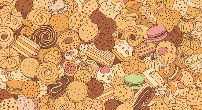 Yummy background pattern filled with an assortment of sweet cookies, biscuits, and colorful macarons in many different shapes and textures.