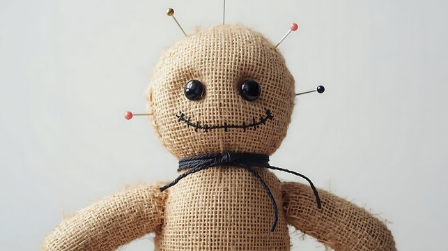 Close up of a voodoo doll with pins