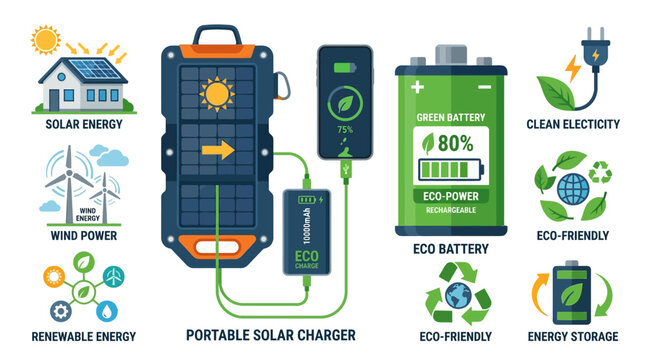 A portable solar charger provides clean electricity from solar energy to an eco battery for renewable energy storage.