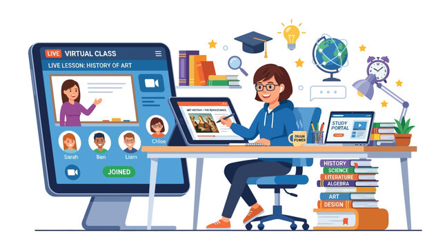 Woman attends virtual class on computer at desk with books and laptop in office