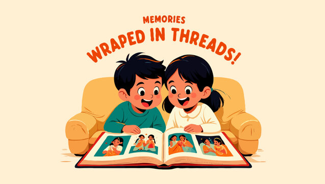 Kids looking at photo album, memories wrapped in threads concept