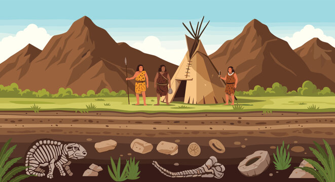 Educational illustration of a prehistoric settlement with cavemen, an animal hide tent, and underground fossils for historical and archaeological study.