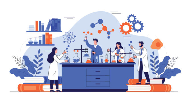 Group of scientists conducting chemical experiments in a laboratory with glass flasks and equipment for scientific and educational research.