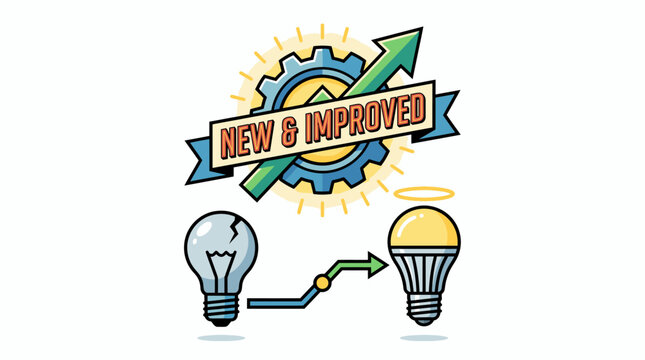 Concept illustration of new and improved product development, showing the transition from an old cracked light bulb to a modern LED bulb with gear and arrow elements.