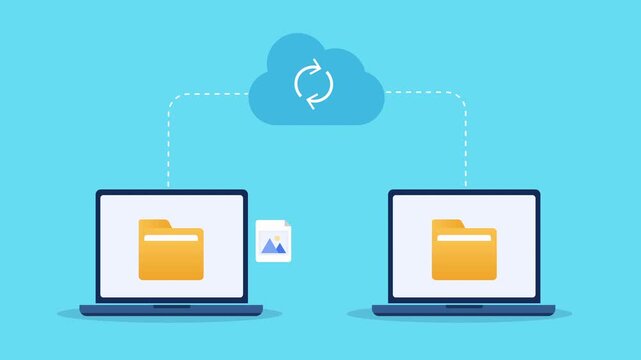Animated flat illustration of cloud file synchronization between devices with shared folders, cloud storage, and data exchange. Ideal for cloud computing, backup, networking, and digital technology pr