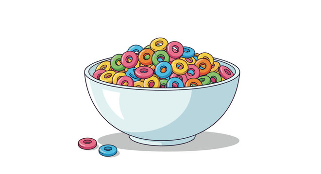 Large white ceramic bowl overflowing with a mountain of colorful ring-shaped fruit cereal pieces isolated against a plain white background.