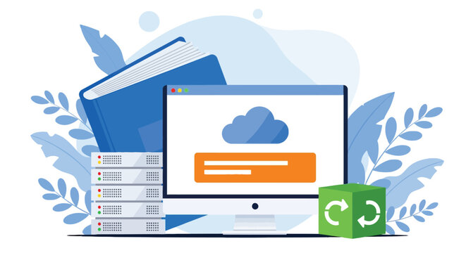 Cloud data storage and backup concept showing a computer screen with cloud icon, stack of servers, and refresh symbol cube next to a book.