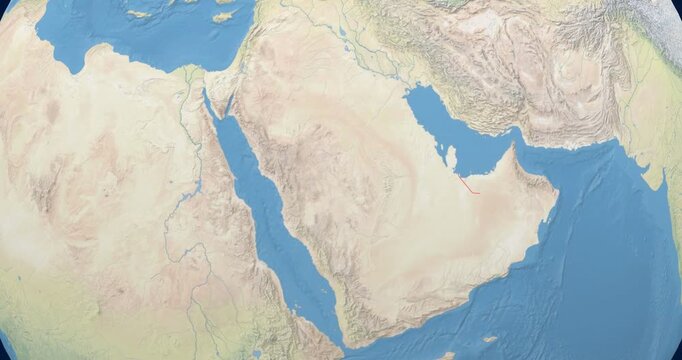 Saudi Arabia on Globe. Zoom into the country with Earth spinning on dark background. Physical world map with Saudi Arabia and label on it. Country view animation.