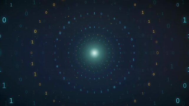 Abstract Digital Binary Code Background with Glowing Central Light and Floating Data Particles