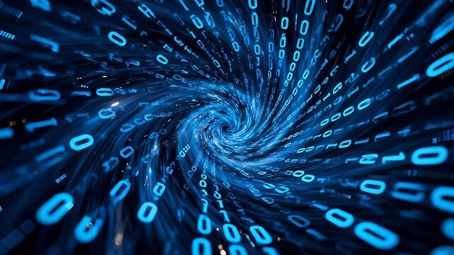 Binary digits zero and one swirling in blue spiral forming data tunnel on dark background