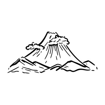 vintage style mountain peak drawing with ava or ash cloud for travel and education graphics