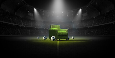 Fototapeta na wymiar Green grass armchair and balls on a soccer field in a stadium at night