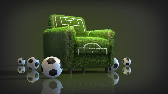 3D Rendered Armchair with Football Field Design and Soccer Balls