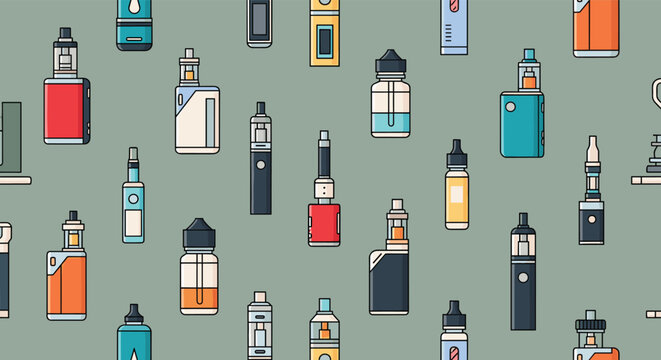 Seamless pattern design featuring various electronic cigarettes and vaping devices in a flat colorful style.