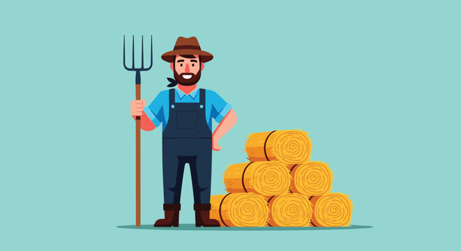 Happy male farmer wearing a straw hat and overalls stands proudly next to a stack of golden hay bales.