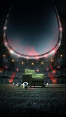 Naklejka premium Green grass armchair and balls on a soccer field in a stadium at night