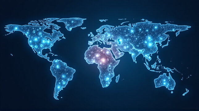 Glowing world map with Africa highlighted in vibrant starry night sky
