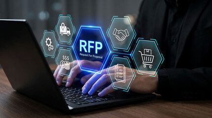 Naklejka premium Businessperson using laptop for RFP request for proposal procurement process