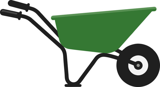 Green wheelbarrow garden cart vector illustration, isolated farming tool icon