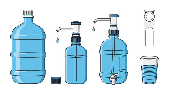 Various components of a water dispenser system including a large jug manual pump faucet and a plastic cup.