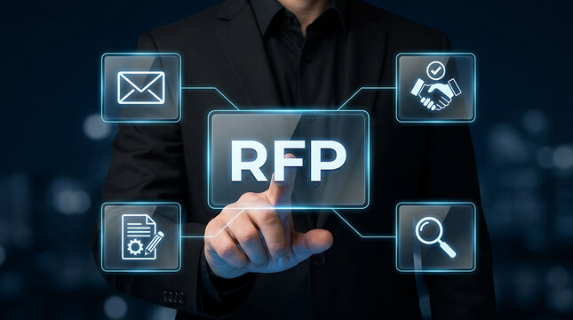 Business professional pressing virtual RFP screen for project bidding
