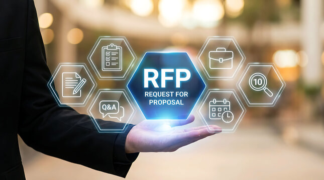 Business professional holding virtual icon representing request for proposal RFP