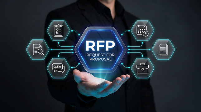 RFP Request for Proposal concept with business icons and a man holding holograms