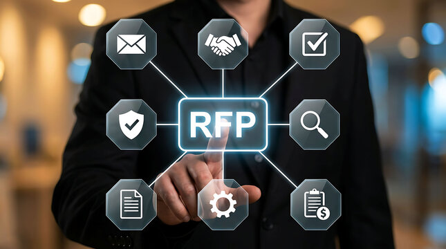 Business professional touching RFP virtual screen concept for request for proposal