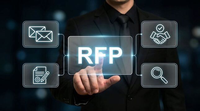 Man pointing at RFP button on virtual screen with business icons