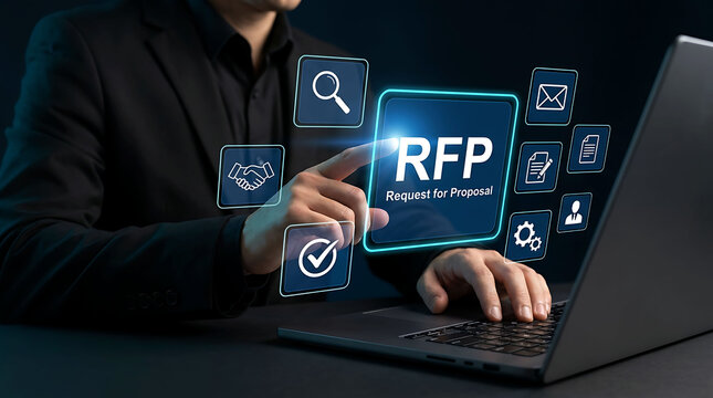 Businessman working on laptop with digital RFP request for proposal screen