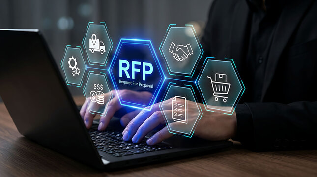Businessperson using laptop for RFP request for proposal procurement process