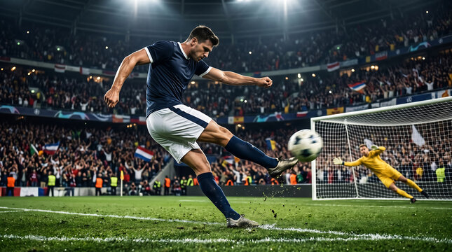 Dynamic Football Player Taking Powerful Penalty Kick Towards Goal During Night Match in Packed Stadium